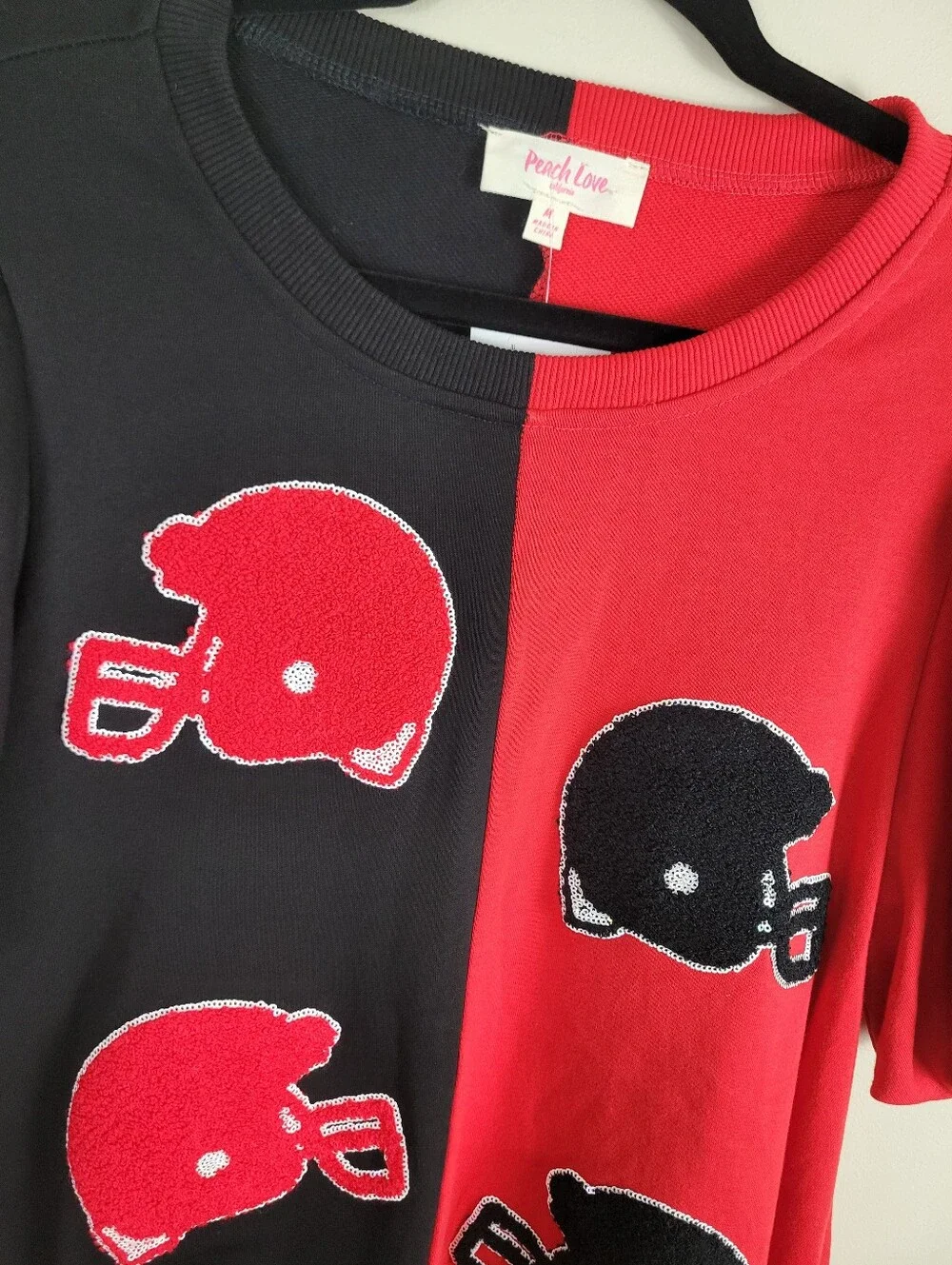 Peach Love Colorblock Red Black Puff Short Sleeve Football Helmet Mini Dress - Picture 7 of 11